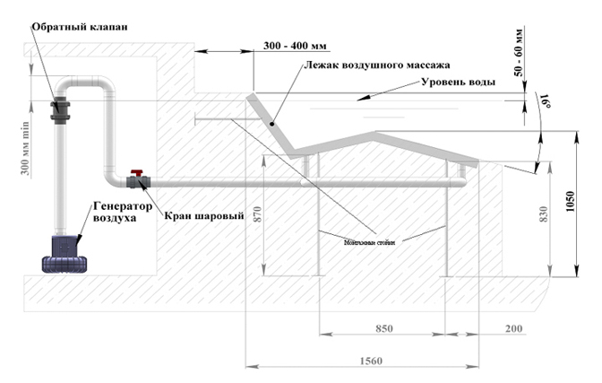 Схема монтажа Лежак аэромассажный из нерж. стали 140 м3/час (плитка двойной) модель M.GL 2
