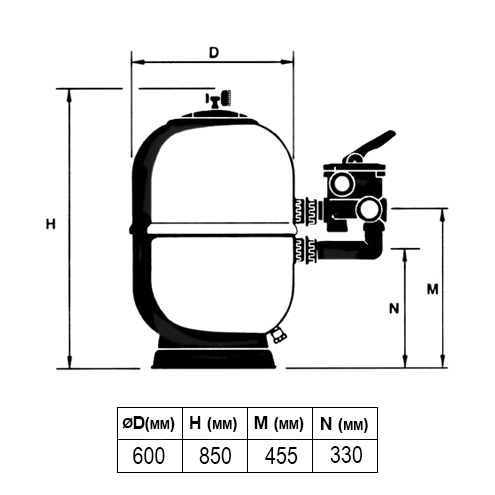 ФИЛЬТР ASTER Ø 600 ММ, 14 М3/Ч, С БОКОВЫМ ПОДКЛЮЧЕНИЕМ, ЗАСЫПКА 0,6 М Арт. 00499